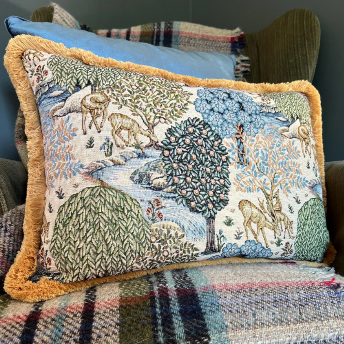 Rectangular william morris deer garden tapestry cushion in soft blues and greens with mustard gold 30mm fringe