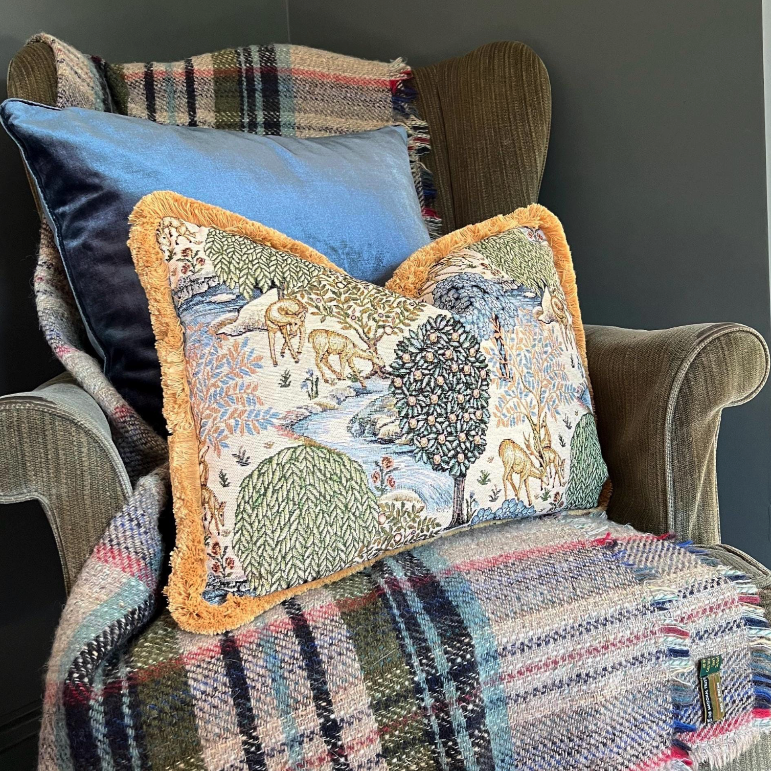 William morris deer garden tapestry cushion with muted woodland embroidery and mustard gold 30mm fringe