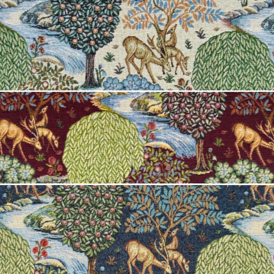 William morris deer garden tapestry cushion with 30mm mustard gold fringe and intricate woodland deer scenes