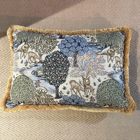 Rectangular william morris deer garden tapestry cushion with blue green beige design and mustard gold 30mm fringe