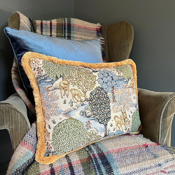 Rectangular william morris deer garden tapestry cushion with mustard gold 30mm fringe and earthy tones design