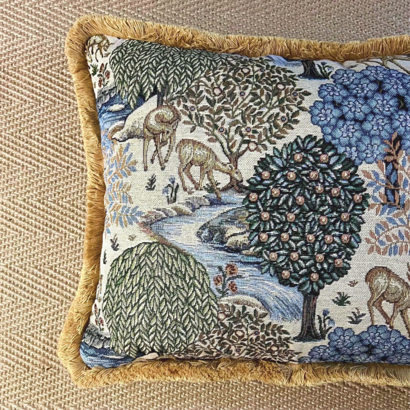 Rectangular william morris deer garden tapestry cushion in blue green and cream with mustard gold 30mm fringe
