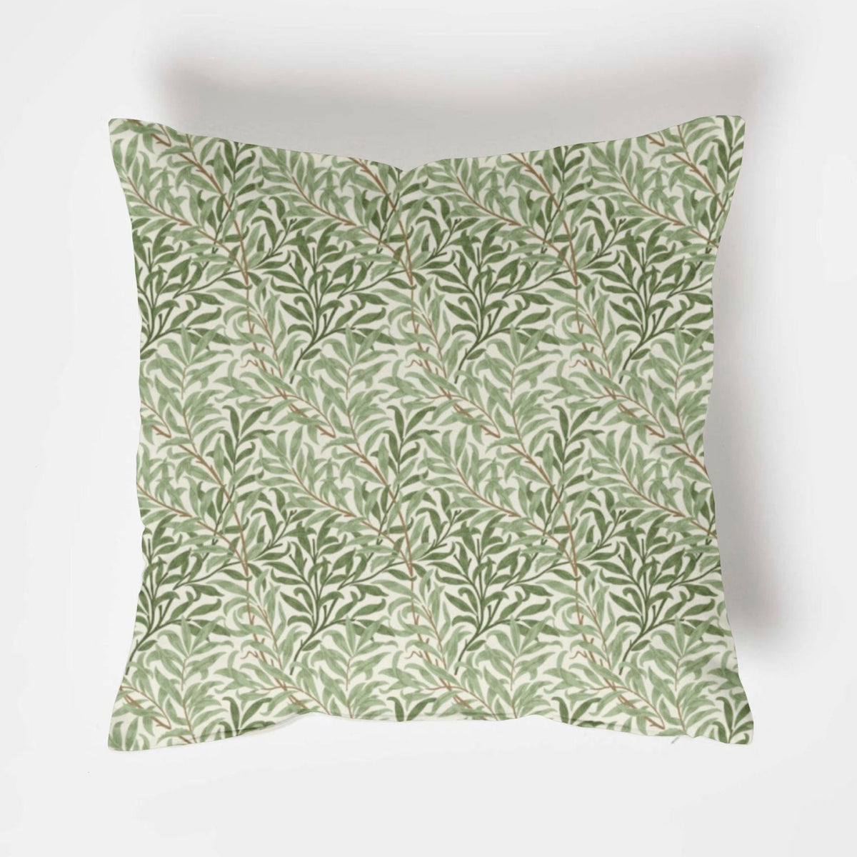 Square cotton cushion with william morris green willow leaves pattern on pale cream background for scatter cushions