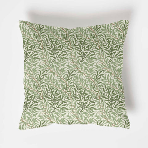 Square cotton cushion with william morris green willow leaves pattern on pale cream background for scatter cushions