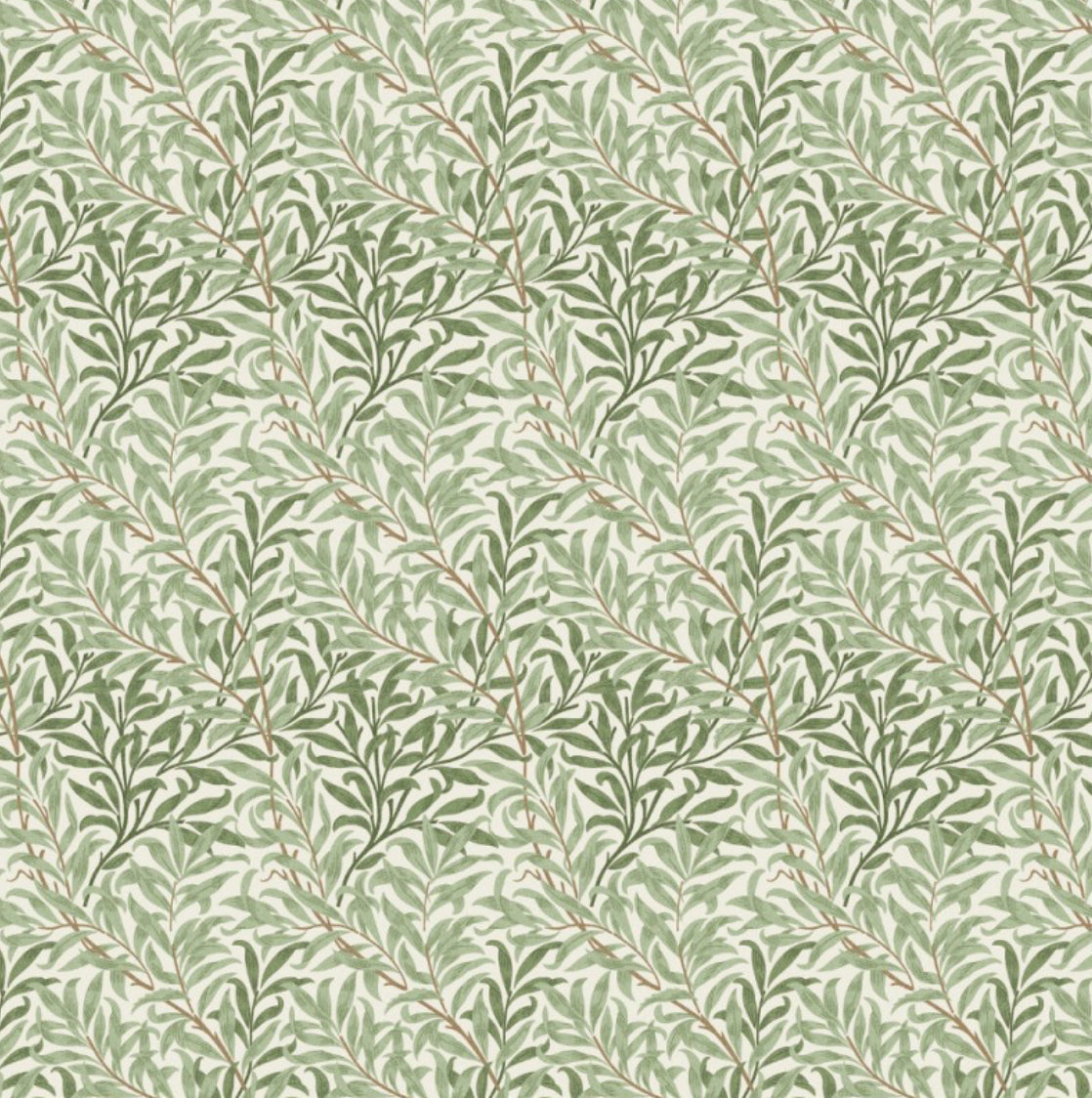 William morris green willow leaves cotton cushion with green leafy pattern on soft off white background