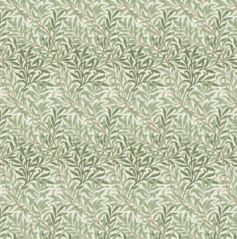 William morris green willow leaves cotton cushion with green leafy pattern on soft off white background