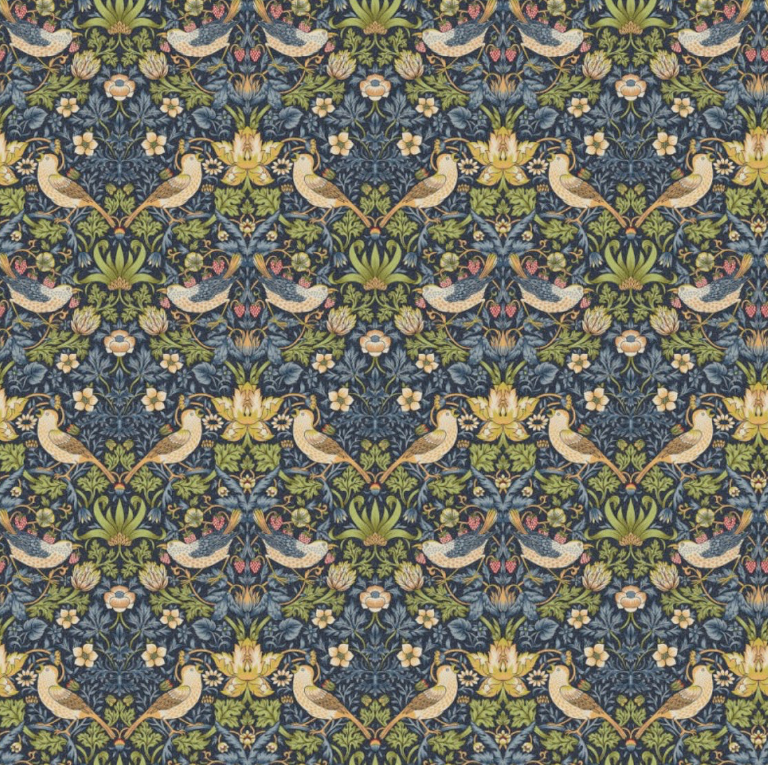 William morris navy strawberry thief cotton ceiling shade with cream birds green foliage yellow flowers sits 3-4cm fitting