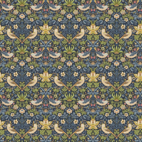 William morris navy strawberry thief cotton ceiling shade with cream birds green foliage yellow flowers sits 3-4cm fitting
