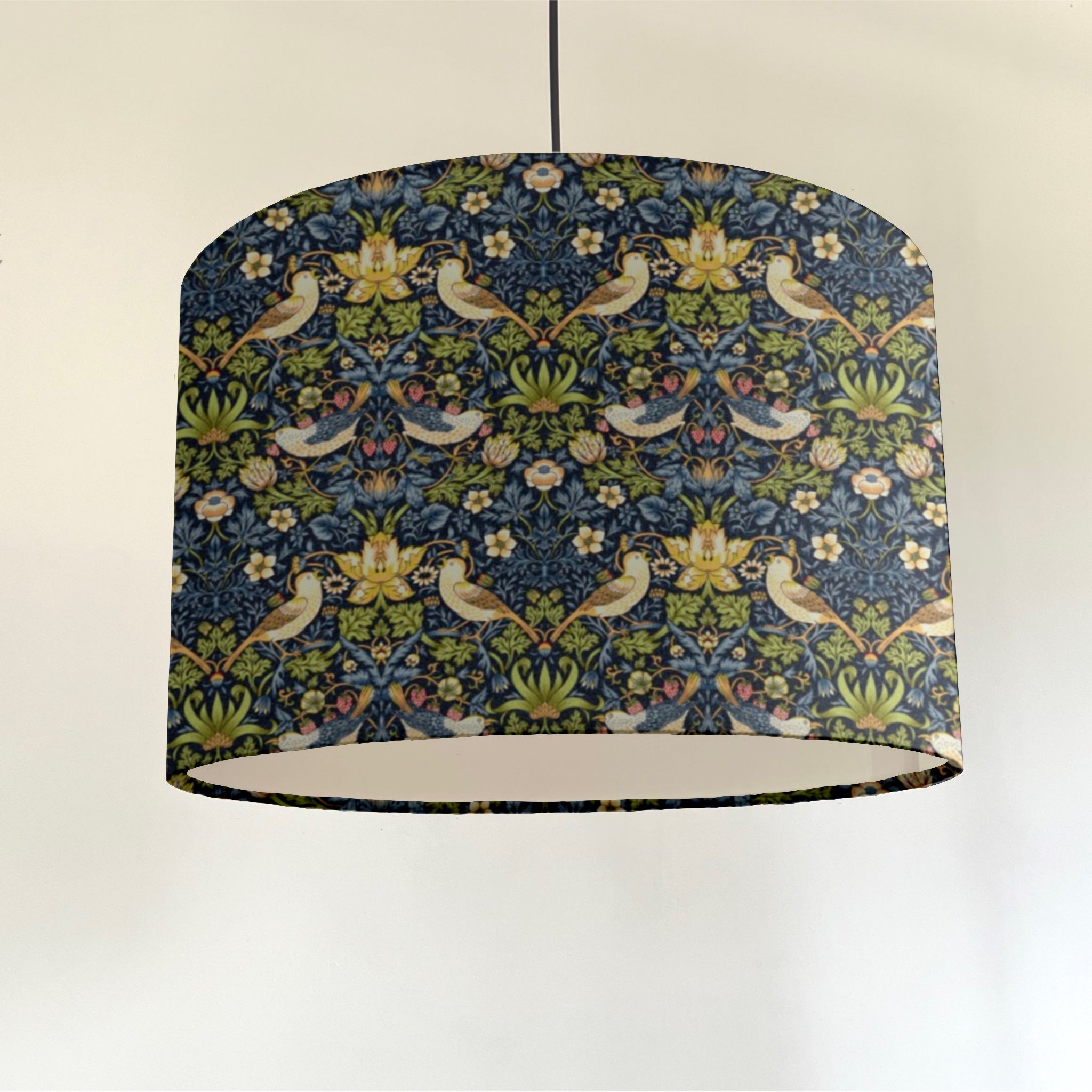 William morris navy strawberry thief cotton drum ceiling shade with cream bird floral pattern and white lining fits 3-4cm
