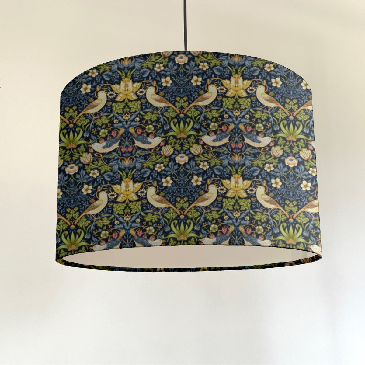 William morris navy strawberry thief cotton drum ceiling shade with cream bird floral pattern and white lining fits 3-4cm