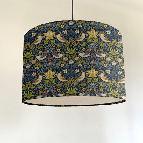 William morris navy strawberry thief cotton drum ceiling shade with cream bird floral pattern and white lining fits 3-4cm