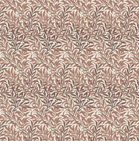 A william morris rust cotton cushion with rust willow leaves pattern in terracotta and dark brown on cream background
