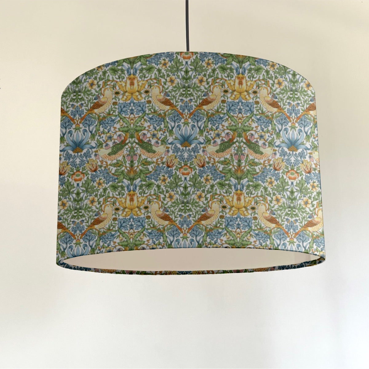 Cylindrical william morris sky strawberry thief cotton drum lampshade with bird floral pattern and white lining fits ceiling shade sits 3-4cm