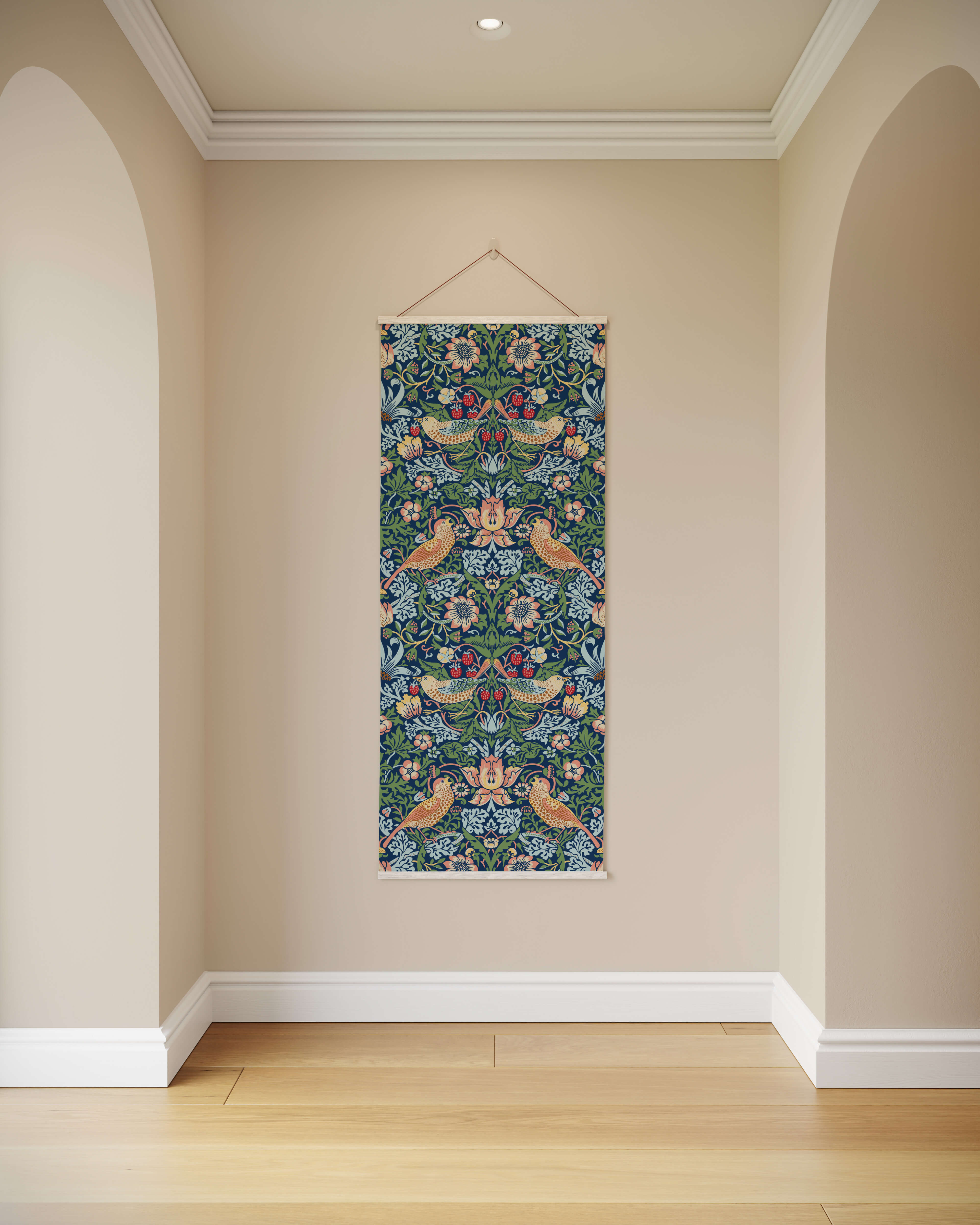 A william morris strawberry thief tapestry with vibrant floral and bird motifs on deep green framed by white borders