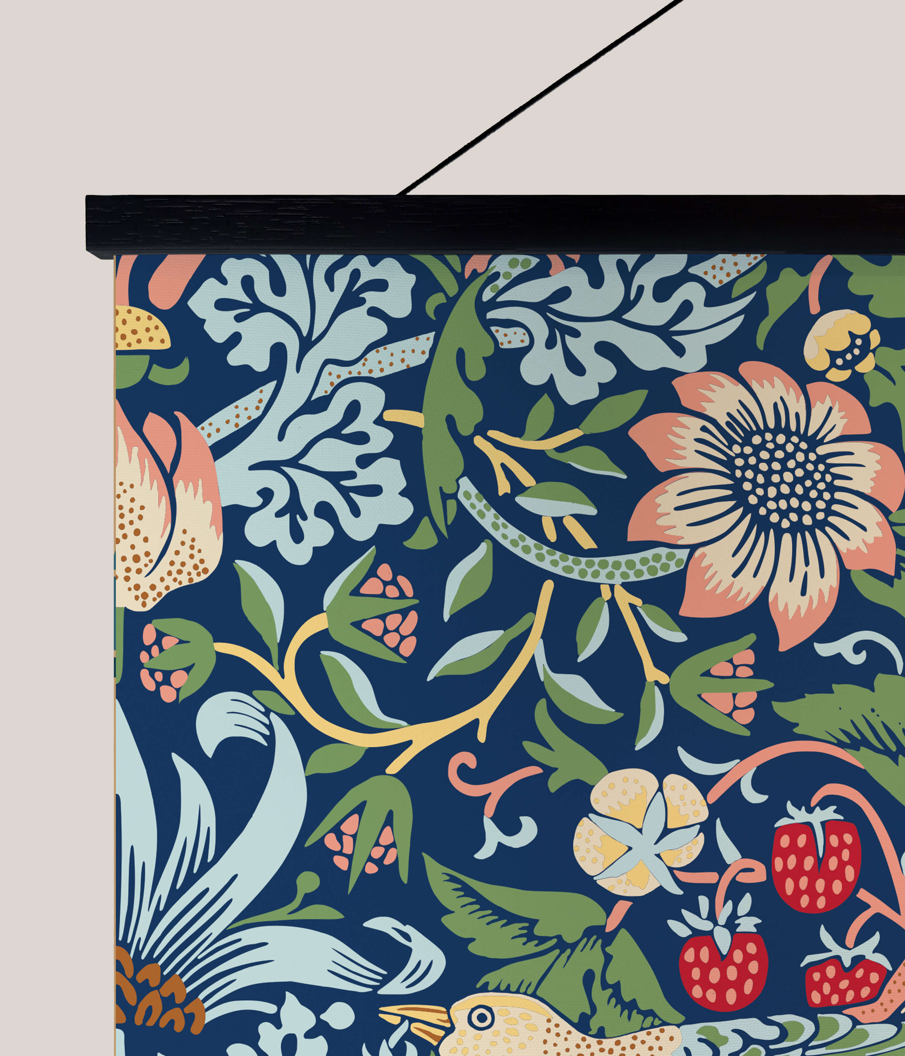 A navy blue william morris strawberry thief tapestry with stylized birds strawberries and leaves in green peach yellow and white