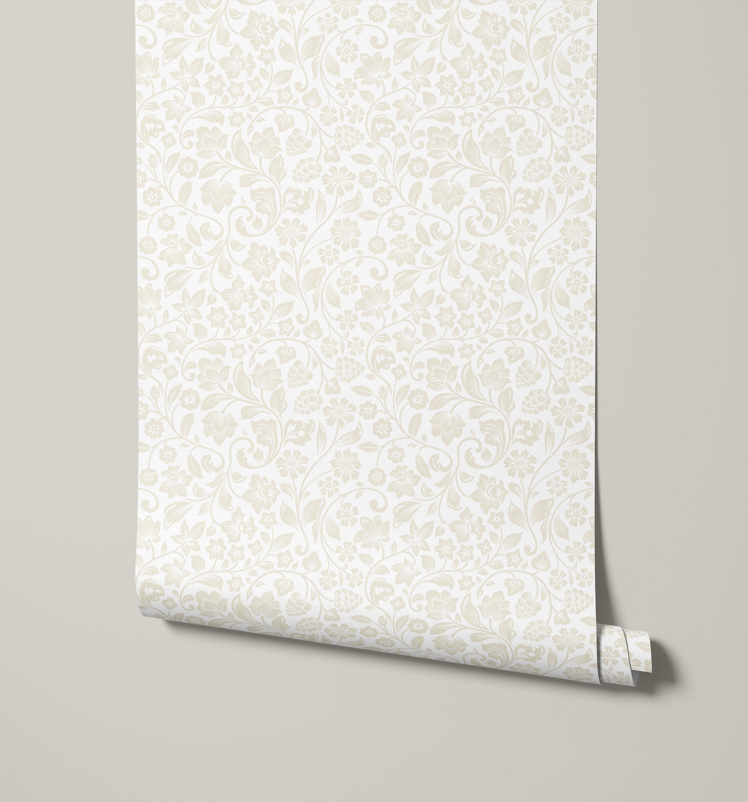 A roll of willow wallpaper in off-white with a delicate cream floral and vine pattern perfect for elegant decor