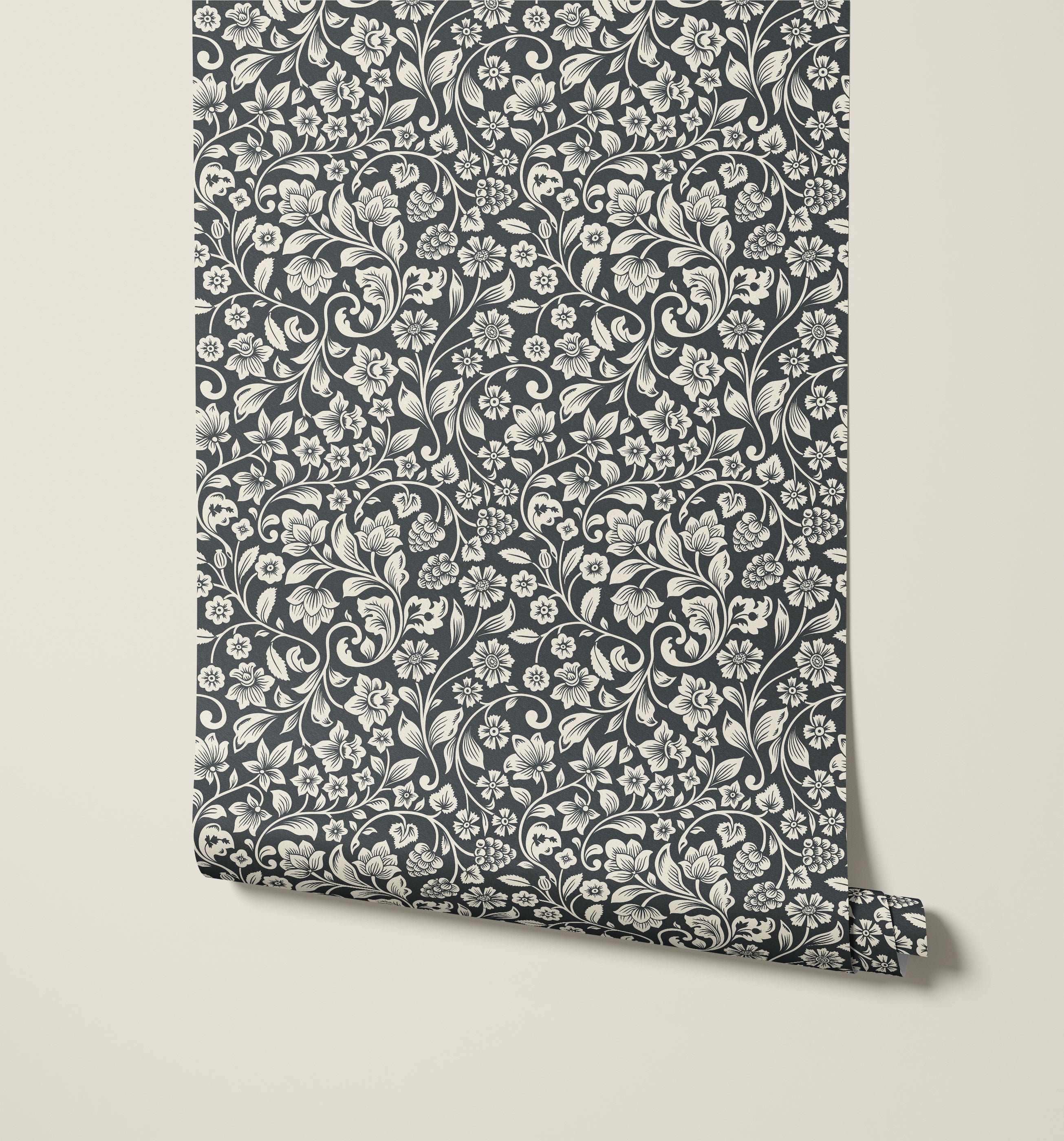 Dark gray willow wallpaper with intricate white floral vine pattern perfect for stylish interior walls