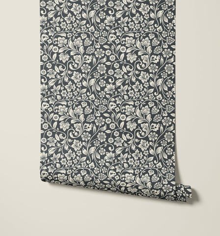 Dark gray willow wallpaper with intricate white floral vine pattern perfect for stylish interior walls