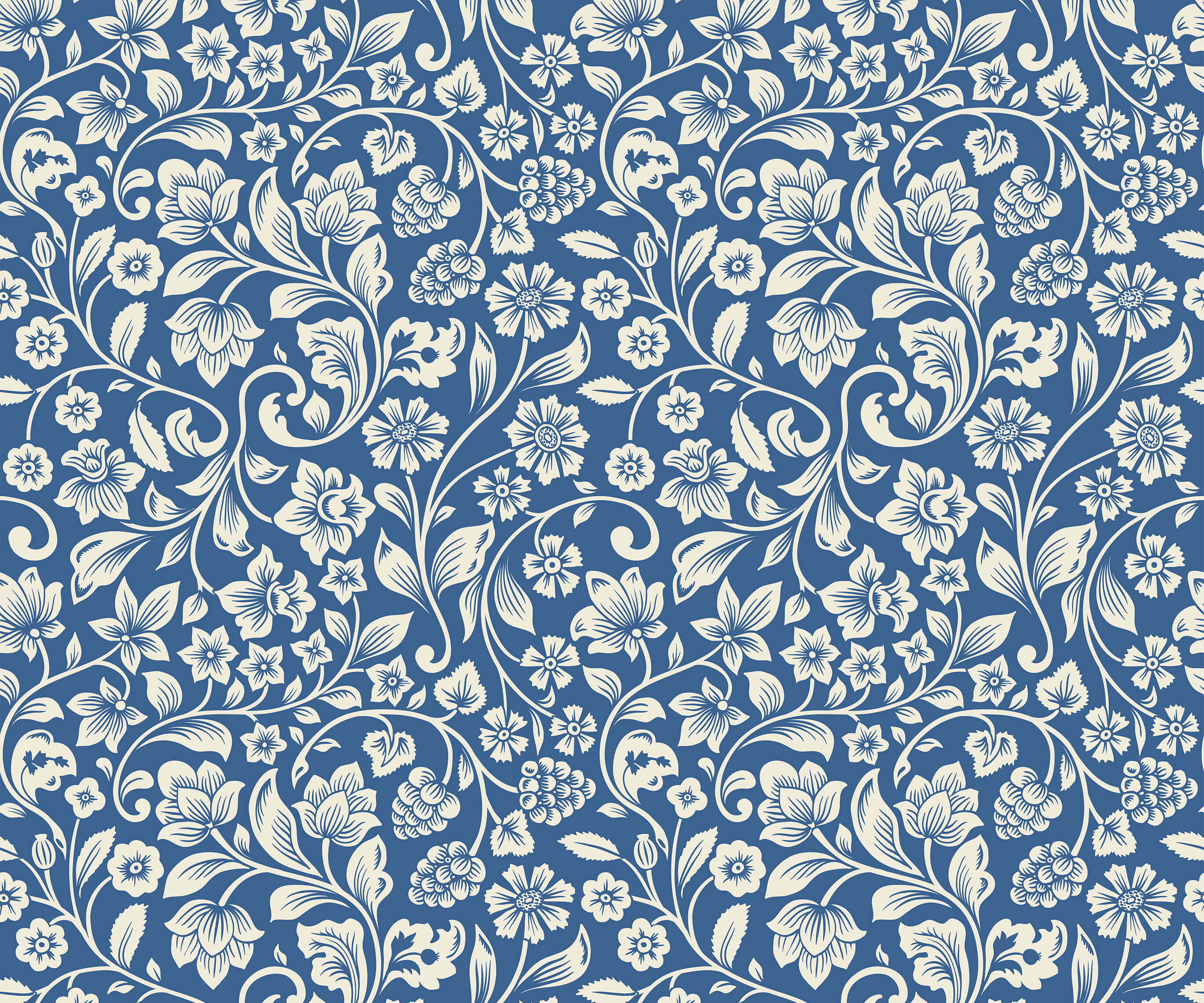 Willow blue floral wallpaper with intricate white vine and flower patterns perfect for home decor