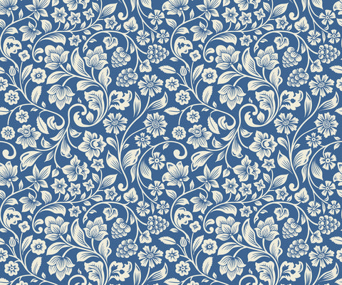 Willow blue floral wallpaper with intricate white vine and flower patterns perfect for home decor
