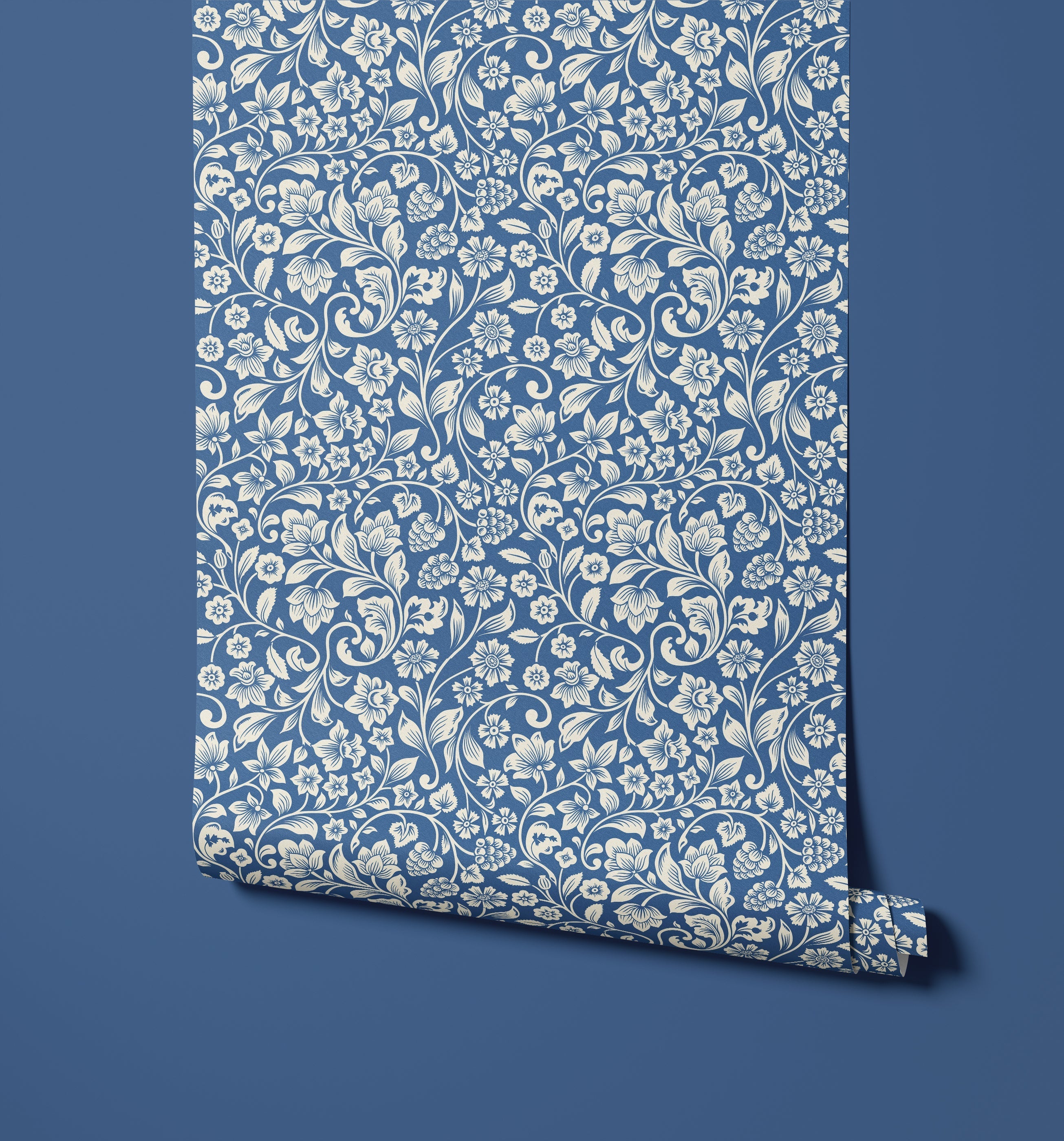 Willow blue floral wallpaper with intricate white botanical patterns perfect for stylish wall decor