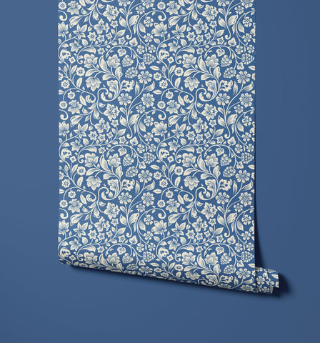 Willow blue floral wallpaper with intricate white botanical patterns perfect for stylish wall decor