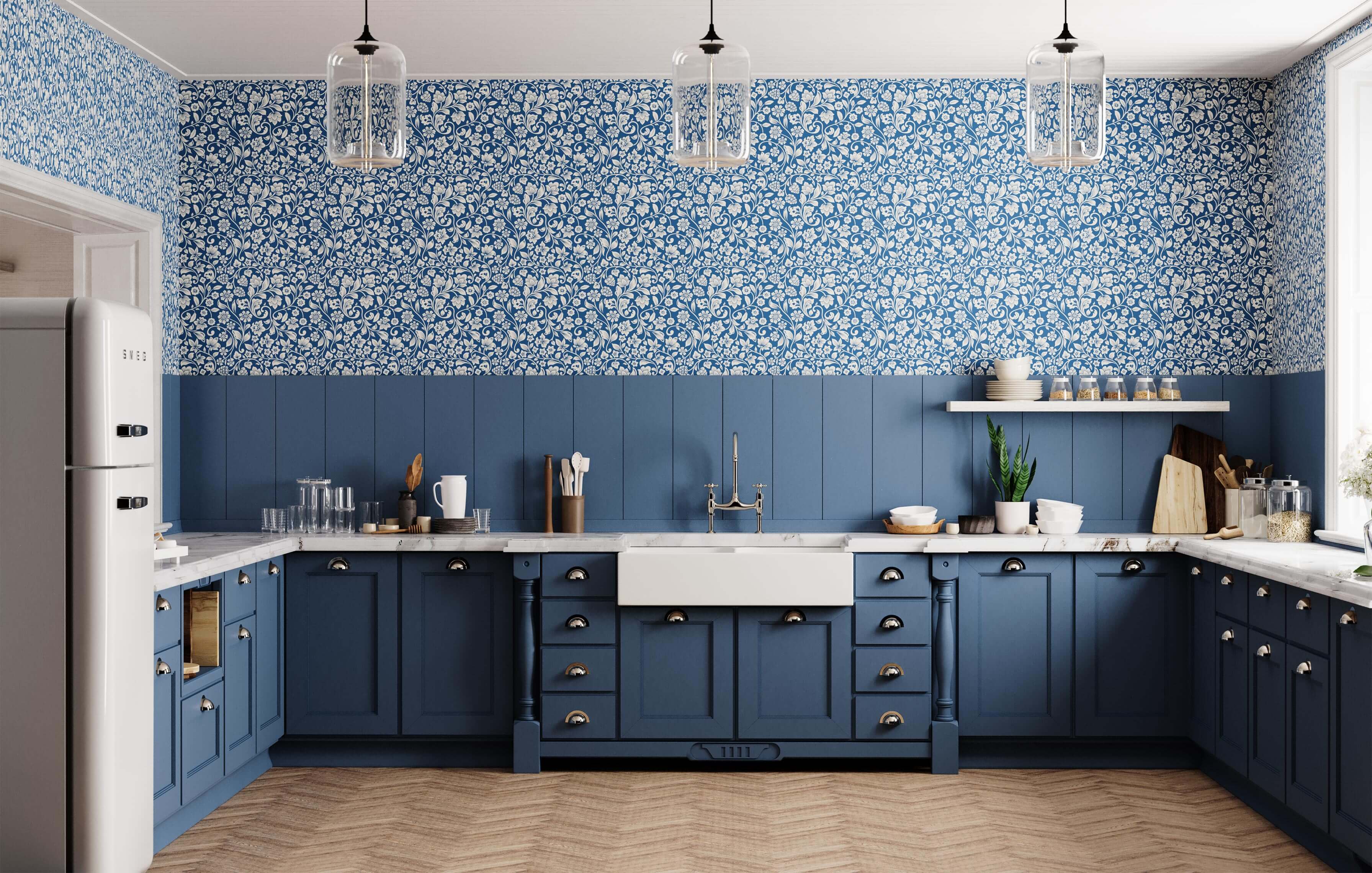 Willow deep blue shaker kitchen cabinets with silver round knobs and white farmhouse sink for stylish cooking space