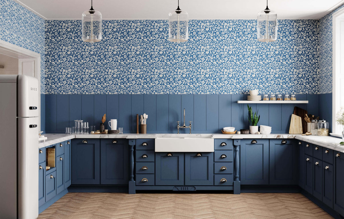 Willow deep blue shaker kitchen cabinets with silver round knobs and white farmhouse sink for stylish cooking space