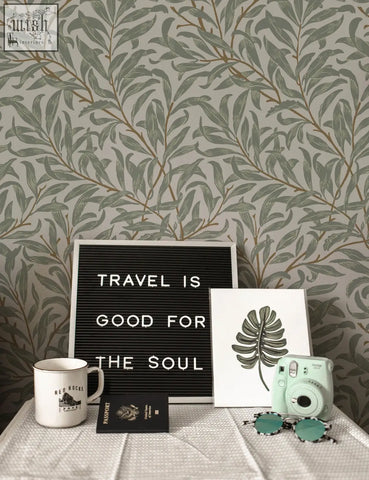 Mint green fujifilm instax mini 11 camera on willow bough william morris removable wallpaper for living space decor