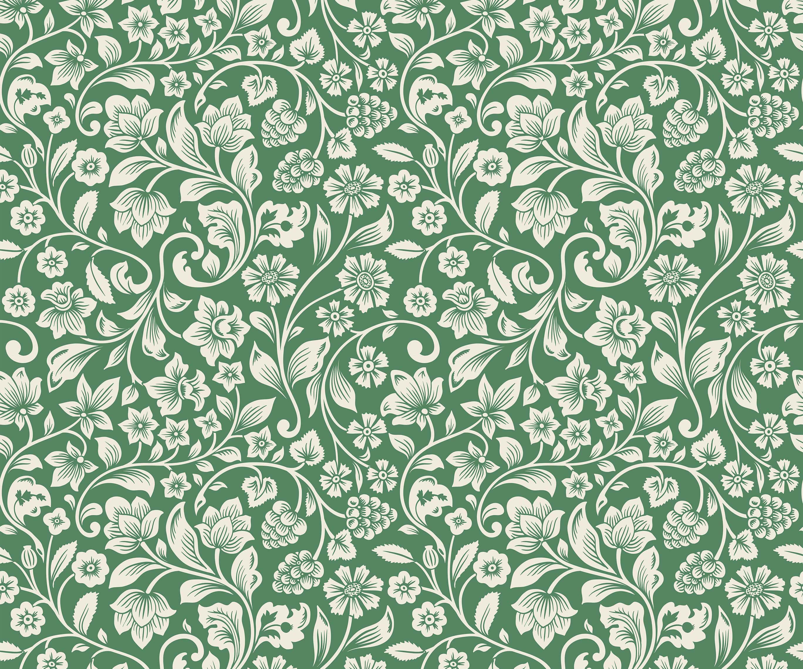 Willow green fabric featuring an intricate white floral pattern perfect for sewing and crafting projects
