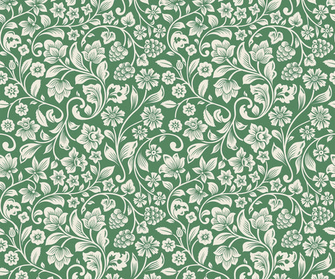 Willow green fabric featuring an intricate white floral pattern perfect for sewing and crafting projects