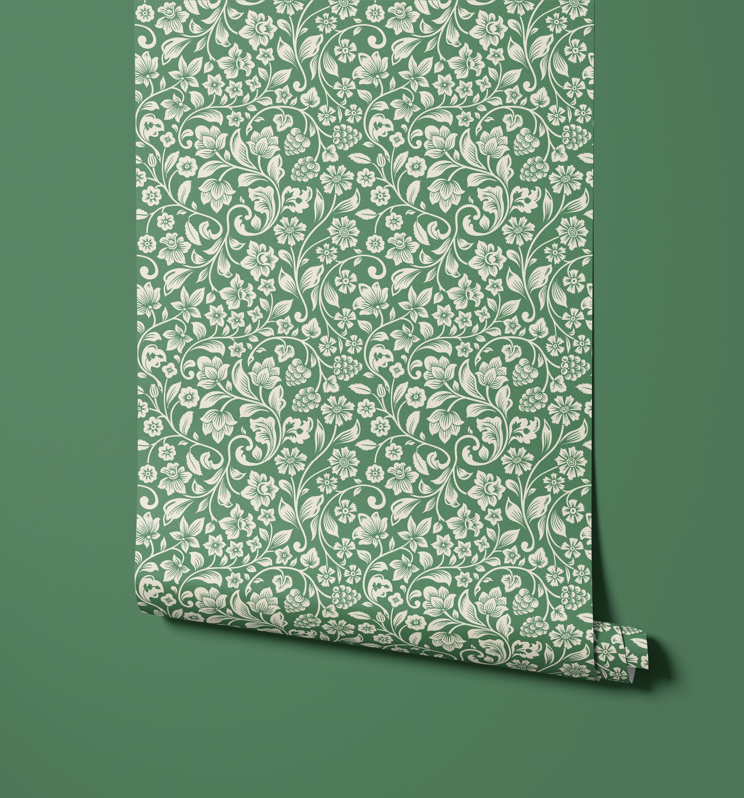 Roll of willow emerald green wallpaper with intricate white floral and vine patterns for stylish walls