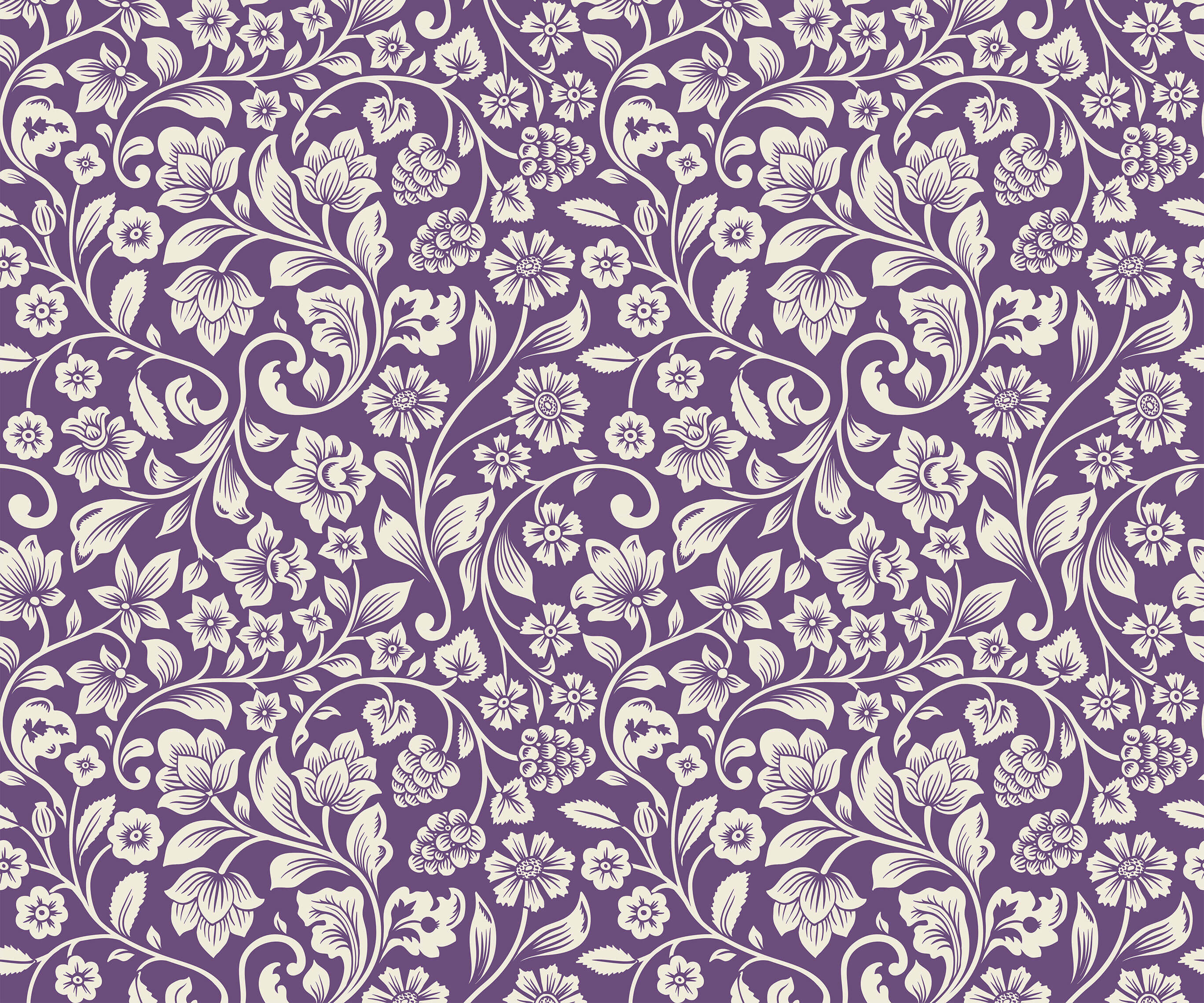 Purple floral wallpaper named Willow with intricate white and cream botanical patterns for home decor