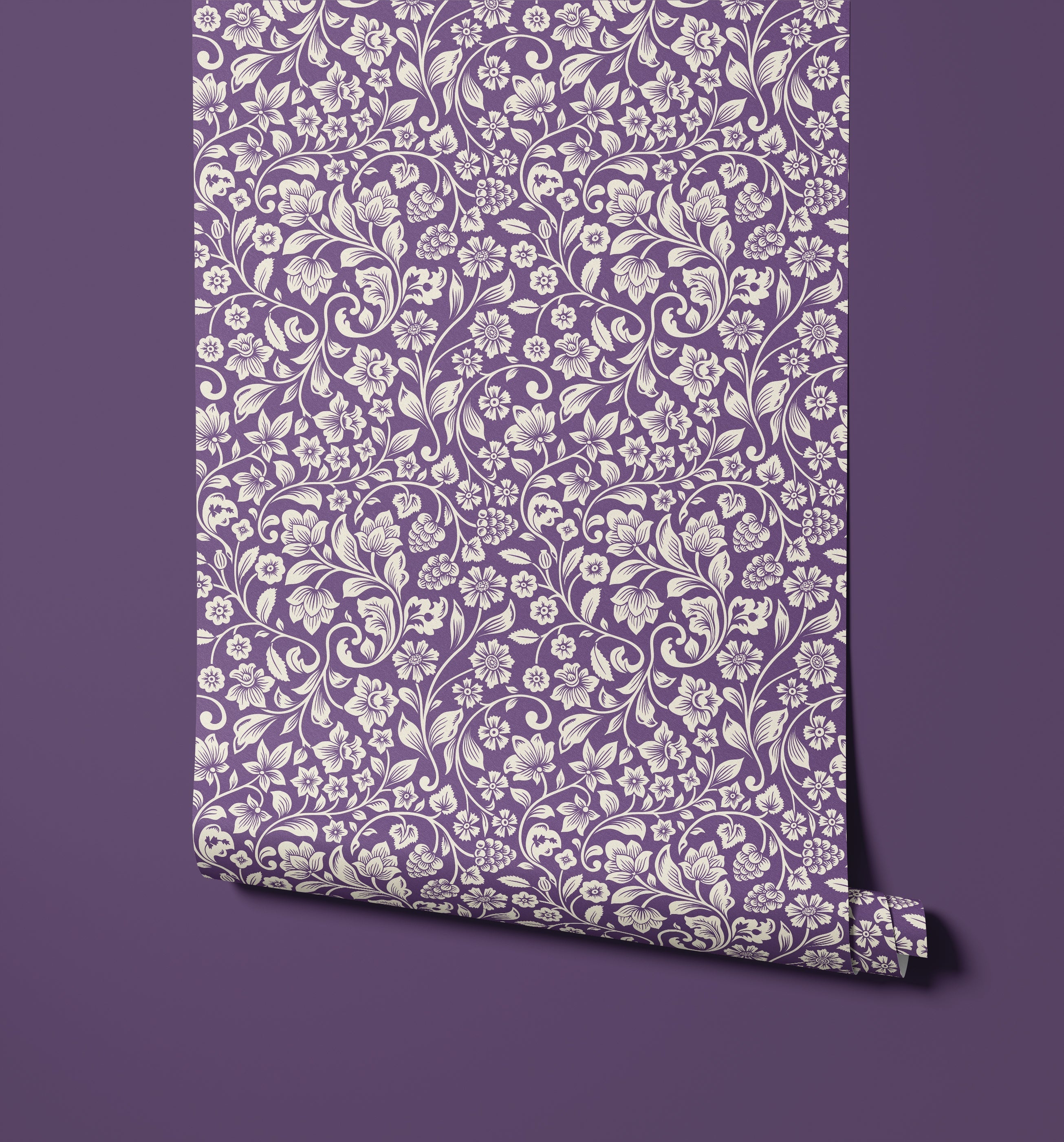 A roll of elegant purple willow wallpaper with an intricate white floral and vine pattern