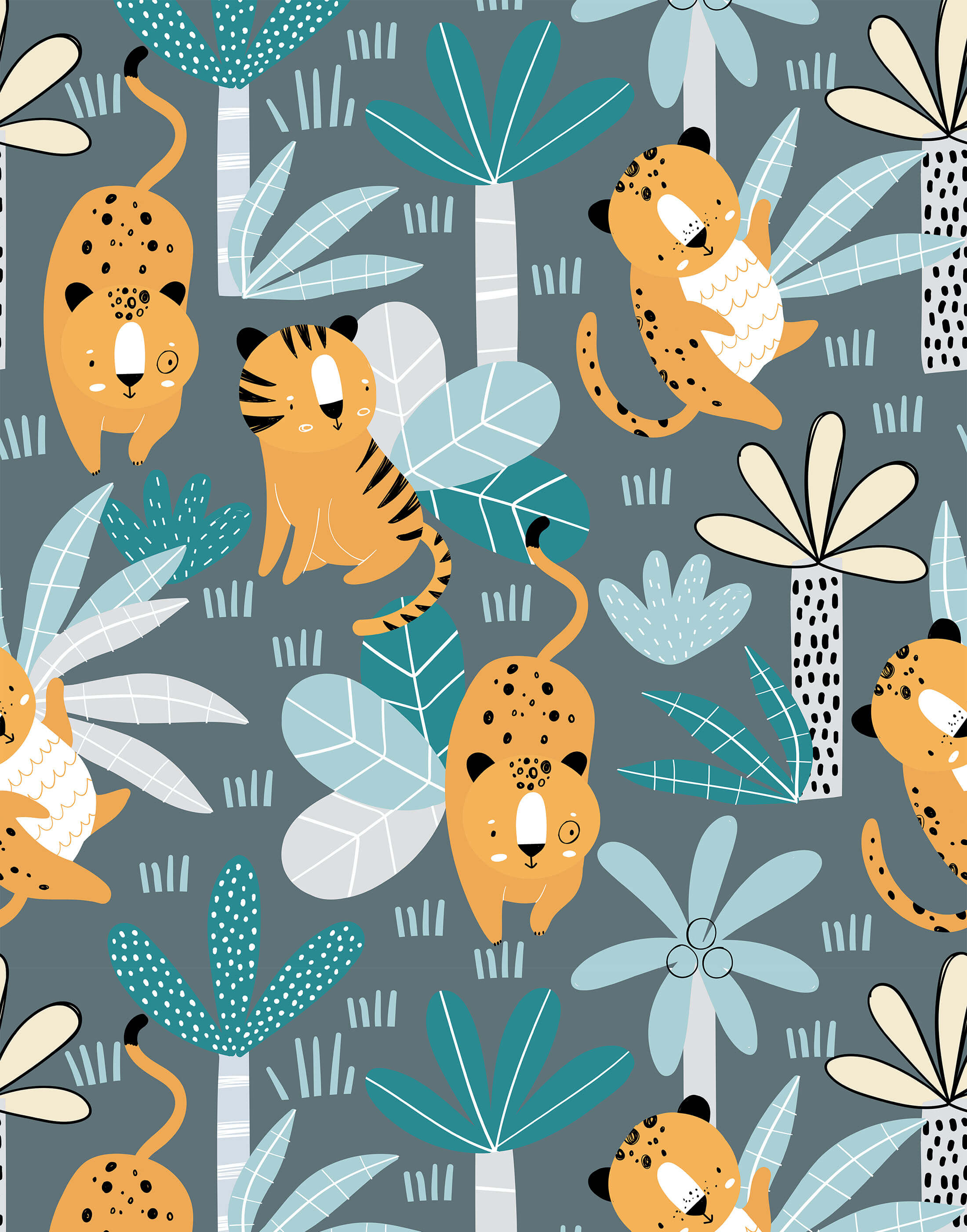 Cute cartoon-style orange and black spotted felines with white accents on a wimba gray background with teal tropical leaves