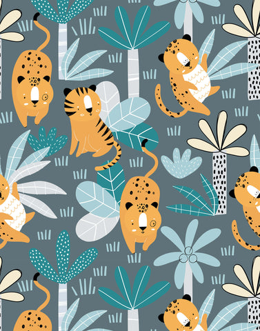 Cute cartoon-style orange and black spotted felines with white accents on a wimba gray background with teal tropical leaves