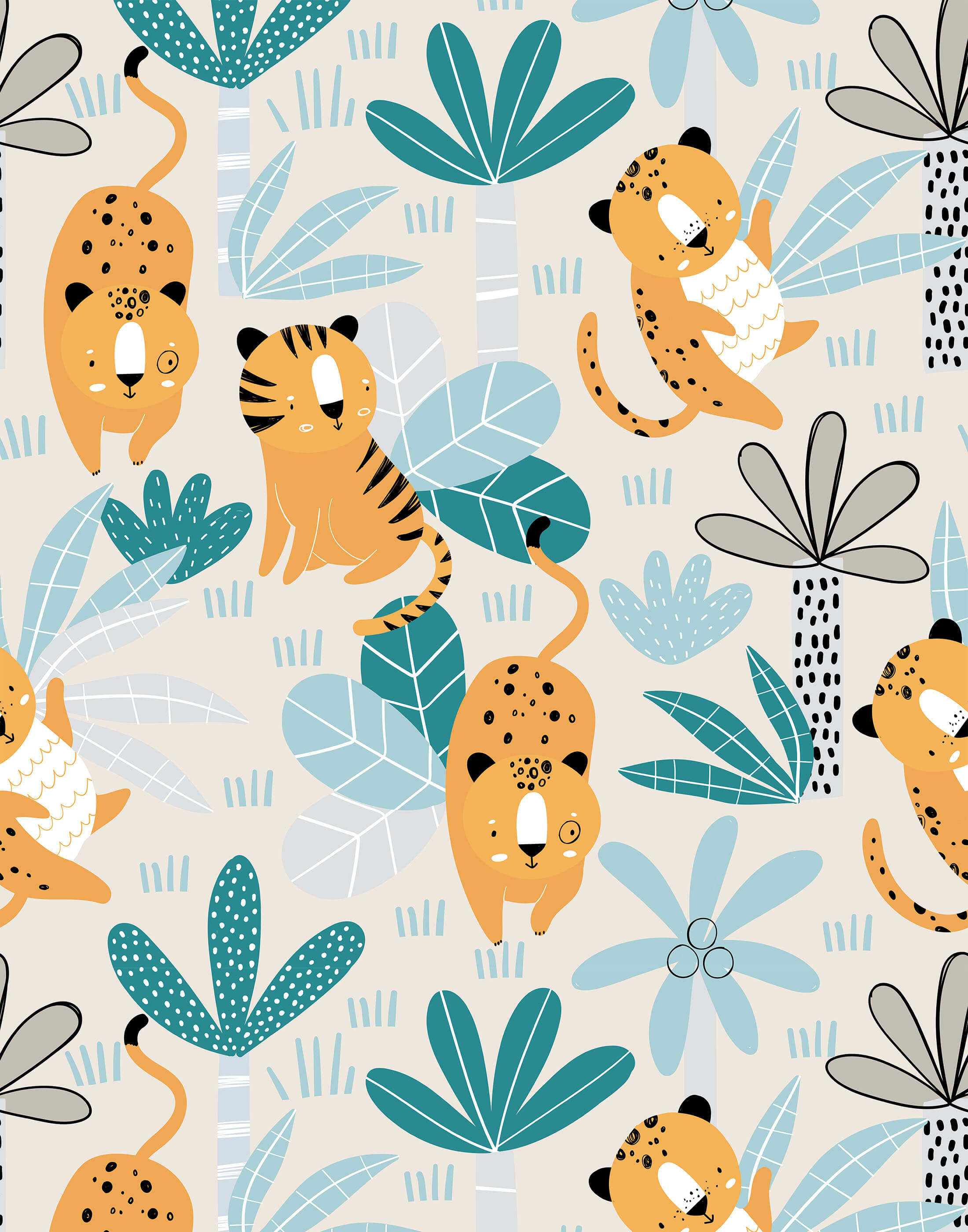 Cute orange cartoon tiger pattern with black spots and striped tails on wimba product with teal leaves background