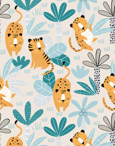 Cute orange cartoon tiger pattern with black spots and striped tails on wimba product with teal leaves background