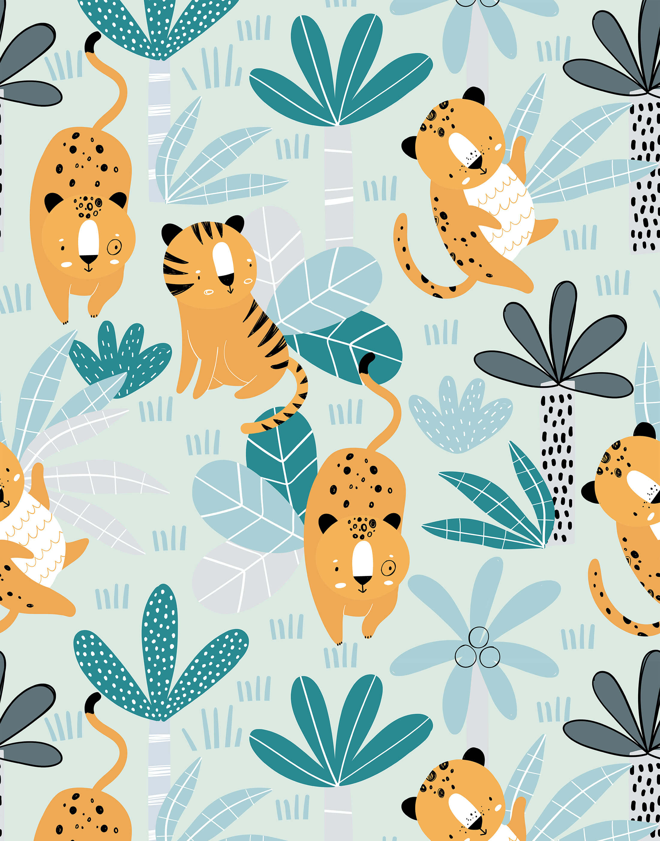Cute orange cartoon tigers with black spots and striped tails on a wimba product with tropical leaf background