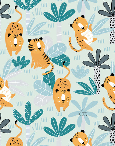 Cute orange cartoon tigers with black spots and striped tails on a wimba product with tropical leaf background