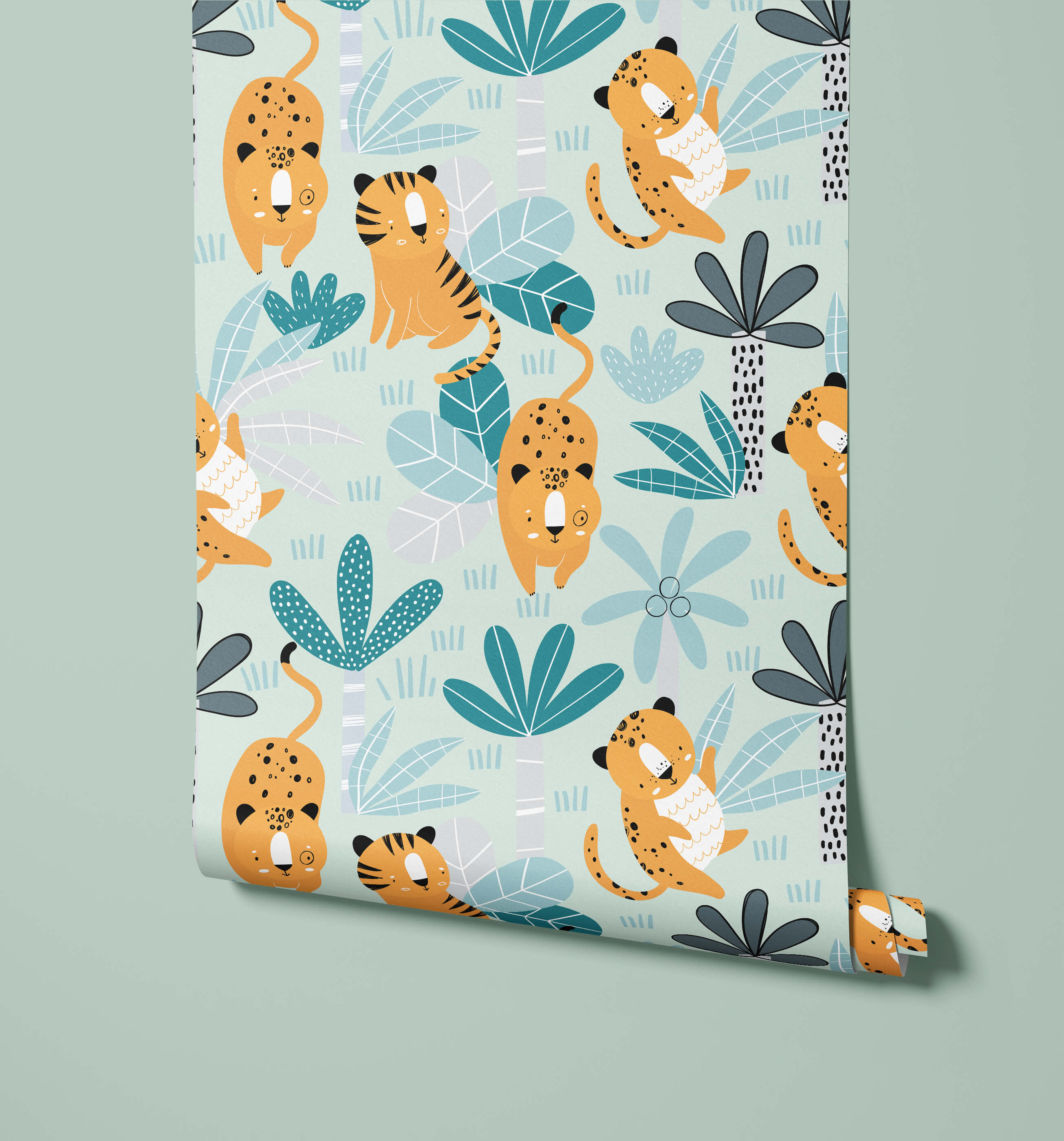 A roll of wimba light blue jungle-themed wallpaper with cartoon cheetahs tiger and green gray foliage