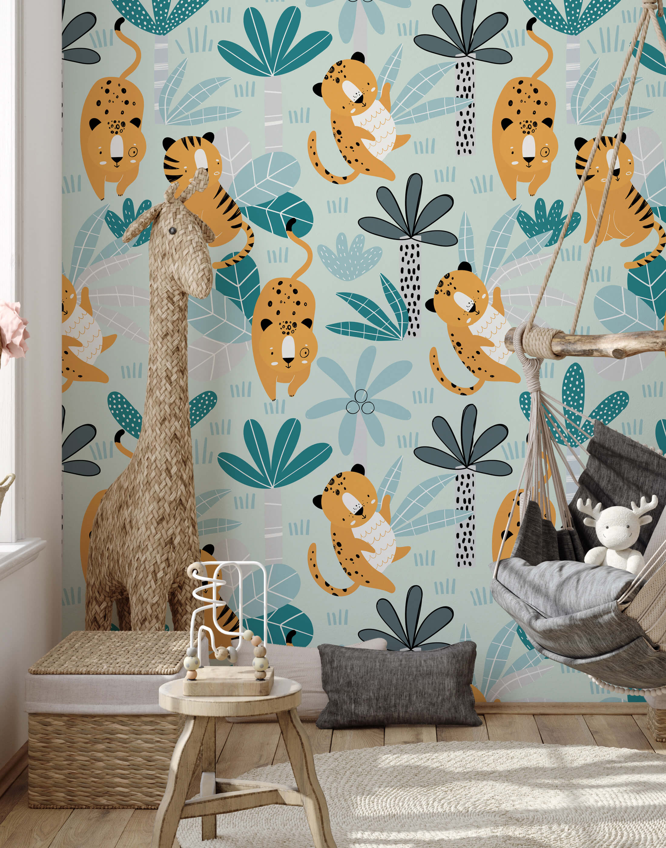 Wimba whimsical jungle wallpaper with playful orange and black cheetahs green palm trees and teal leaves on blue background