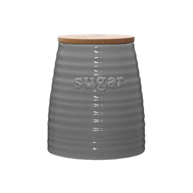 Winnie grey dolomite sugar canister with grey dolomite ceramic and wooden lid featuring vertical ridges