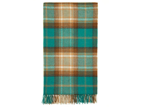 Teal and brown plaid winterton merino lambswool throw with fringe perfect for cozy warmth in jade color