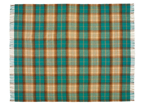 Winterton merino lambswool throw in jade teal and tan plaid with fringed edges perfect for cozy warmth