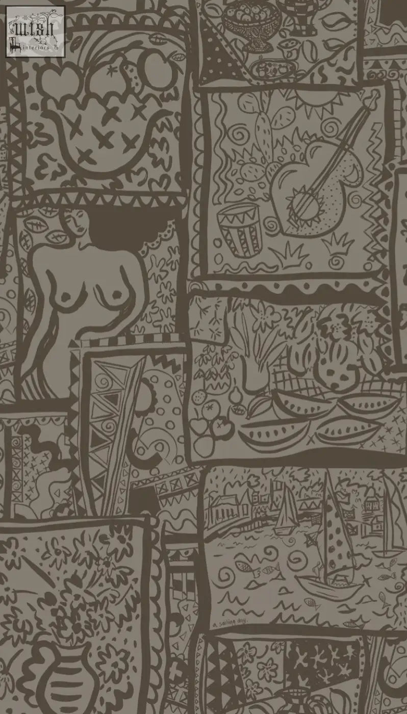 Brown patterned wish you were here wallpaper with whimsical hand-drawn sailing boats screen prints in black outlines