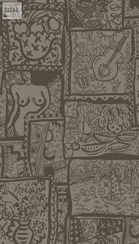 Brown patterned wish you were here wallpaper with whimsical hand-drawn sailing boats screen prints in black outlines
