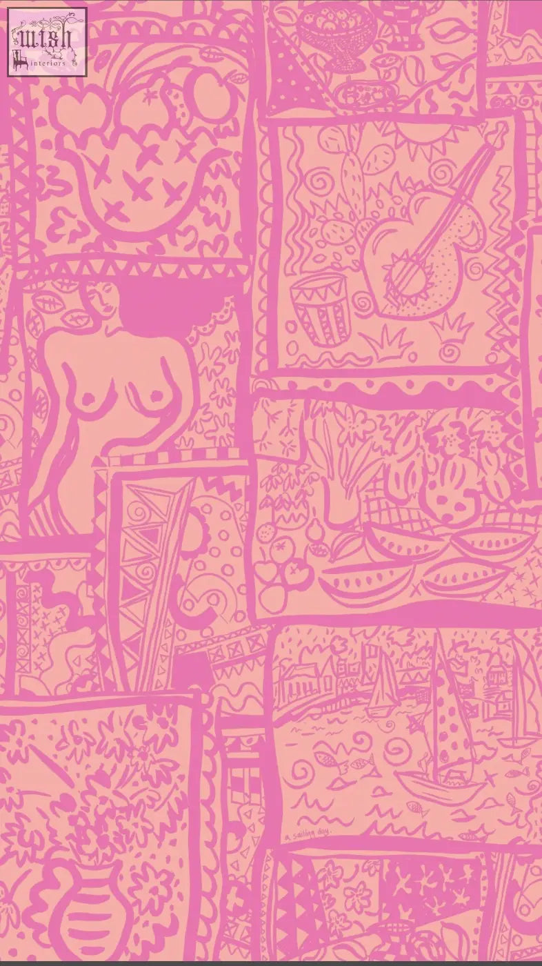Pink wish you were here wallpaper with patchwork design featuring whimsical motifs like sailing boats and screen prints