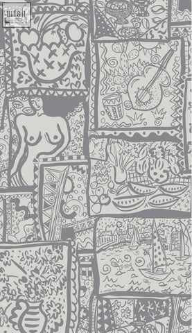Gray-toned patchwork wish you were here wallpaper with whimsical hand-drawn doodle sailing boats screen prints