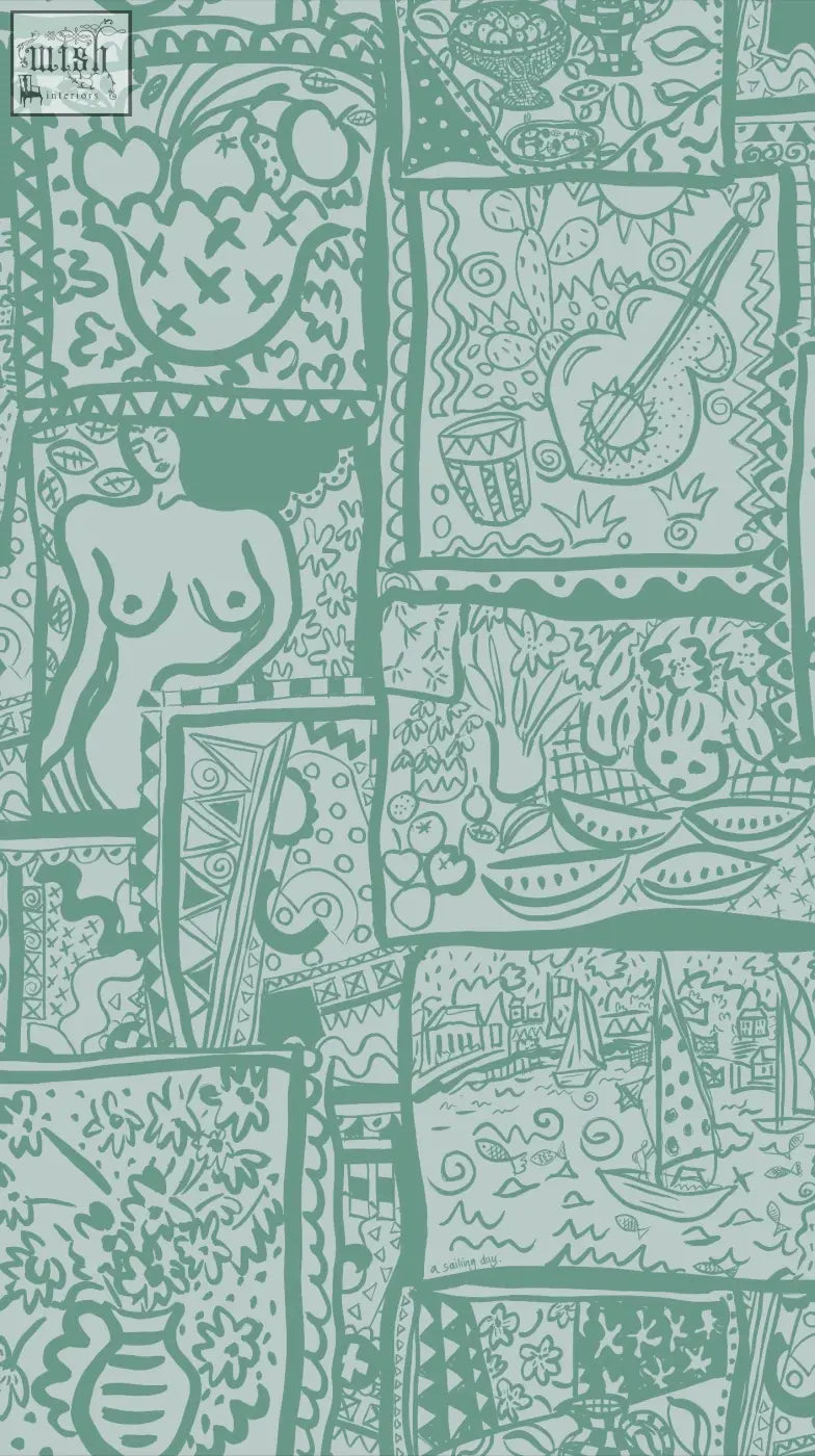 Wish you were here wallpaper in teal with whimsical screen prints of figures, fruit, musical instruments, and sailing boats